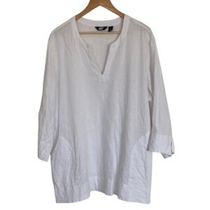 Lands End Womens White V-Neck‎ Linen Blend Tunic Top Size XL Classic Coastal